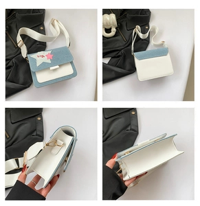 Detailed views of denim patchwork crossbody bag with star applique and wide strap