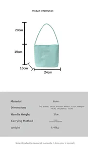 Size chart for mint green nylon shoulder bag with dimensions and weight details