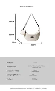Detailed size chart for nylon crossbody bag showing 33x16x8cm dimensions and strap length