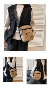 Detail of khaki mini crossbody bag featuring a front zipper pocket and adjustable strap