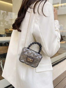 Mini sac bandoulière transparent en gelée avec perles noires et chaîne dorée