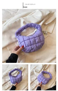 Detailed close-up views of the purple quilted cloud bag fabric and ruffled handle strap