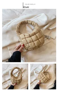 Detailed views of a khaki quilted cloud bag showing soft padded texture and stitching