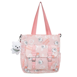 Pink canvas tote bag with cute cartoon bears, double buckle front pocket and plush charm