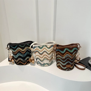 Women Wavy Pattern Knitted Bucket Bag Contrast Stripe Crossbody Shoulder Bag Large Capacity Casual Summer Retro Handbag