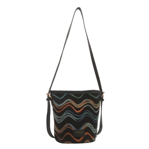 Ethnic knit bucket bag with colorful wavy stripes and a slim leather strap for women