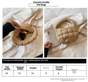 Size chart showing mini puffer cloud bag dimensions with khaki quilted fabric detail