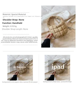 Detail showing dimensions of beige quilted cloud bag with size 16x14cm and 0.10kg weight