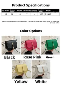 Detailed size guide and color options for the women's PU leather crossbody bag