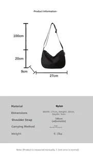 Detailed size chart for black nylon crescent bag with adjustable strap measurements