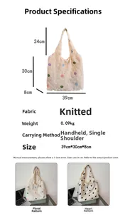 Size specifications for a cream knitted tote bag with dimensions 39cm by 30cm and 8cm depth