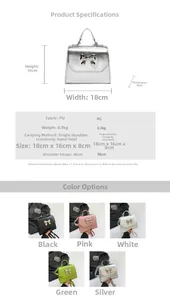 Detailed view of silver PU leather flap bag with dimensions 18x16x8cm and strap info