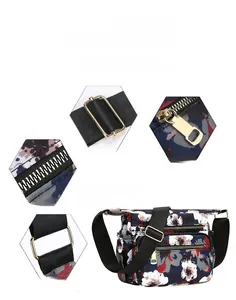 Detail view of floral nylon crossbody bag with adjustable straps and metal hardware