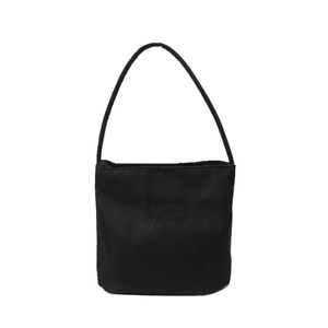 Minimalist black nylon shoulder bag with pretty and liberty embroidery on white background