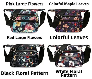 Collage showing various floral print nylon crossbody bags with multiple zipper pockets