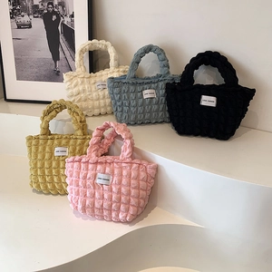 Sac à Main Femme Style Coréen Texture Bulles Sac Fourre-Tout Plissé en Toile Légère Sac à Épaule Tendance