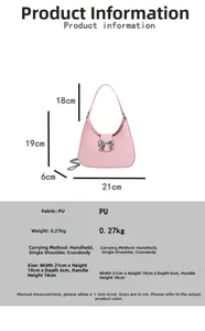 Detailed size chart showing dimensions for pink PU bow shoulder bag with chain strap