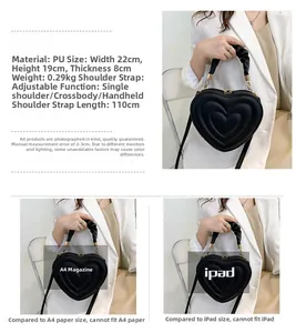 Detail view of heart-quilted PU leather bag with size comparison and dimensions guide