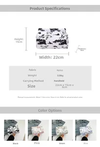 Detailed size specifications and color options for the nylon landscape print handbag