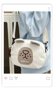 Detail showing white cartoon bear crossbody bag with adjustable strap and leather texture