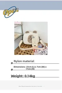 Detail view of cartoon bear canvas bag with dimensions 23x17x7cm and nylon material