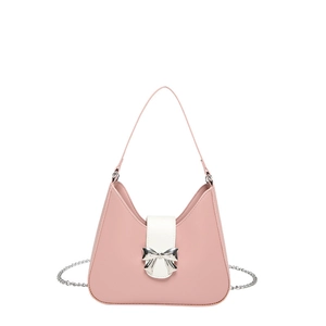 Pink crescent saddle bag with white trim and silver metal bow buckle detail