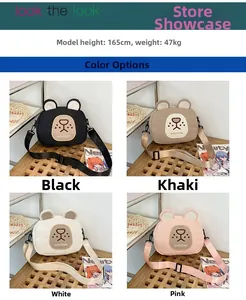 Detail view of cartoon bear canvas crossbody bags in black, khaki, white, and pink options