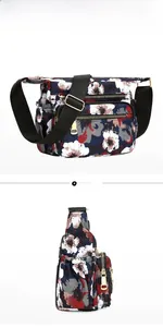 Front and side view of floral nylon crossbody bag with adjustable wide shoulder strap