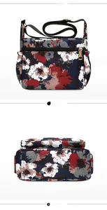 Multiple views showing the front, back and bottom of a floral nylon crossbody bag