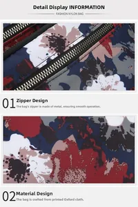 Close-up of floral printed nylon fabric and durable metal zipper on a casual crossbody bag