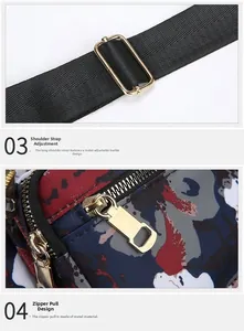 Detail of adjustable golden metal buckle and durable nylon strap on floral crossbody bag