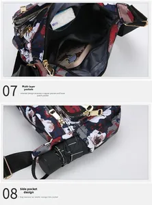 Detailed view of lightweight floral nylon bag interior with organized compartments and pockets
