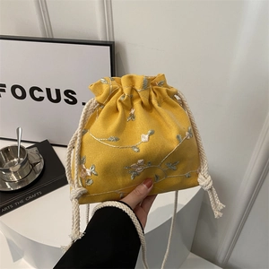 Sac Seau à Cordon avec Broderie Florale pour Femmes Sac à Épaule en Toile Style Pastoral Décontracté pour Femme