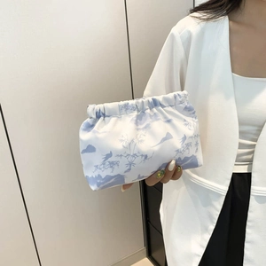 Chinese ink landscape print nylon cloud bag with pleated design for elegant women