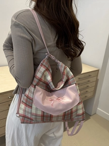 Damen Preppy-Stil Karomuster Leinwand Schultertasche Lässig Schleife Stickerei Klappe Tote Tasche Große Kapazität Schule Shopper