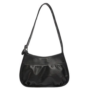 Minimalist black pleated crescent shoulder bag with adjustable strap on white background