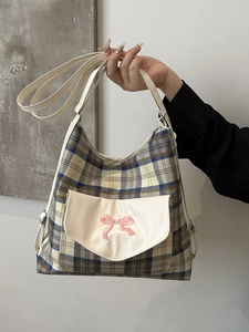Modische Karo-Tragetasche mit rosa Schleifenstickerei und lässigem College-Stil für Damen