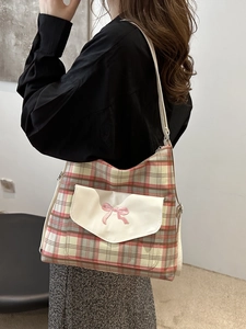 Klassische Karo-Tragetasche mit rosa Schleifenstickerei und geräumigem Canvas-Design