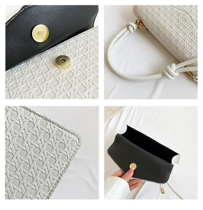 Detail of checkered woven texture and cylindrical gold magnetic clasp on the handbag
