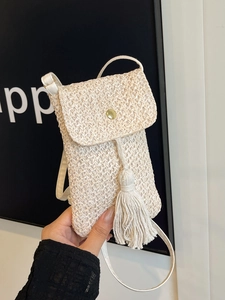 Sac à Bandoulière de Téléphone Portable en Paille Tissée pour Femmes Avec Glands Minimaliste Décontracté Coton et Lin Petit Sac