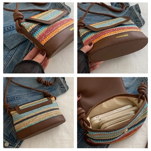 Detailed views of multi-color woven square bag with rainbow stripes and leather strap