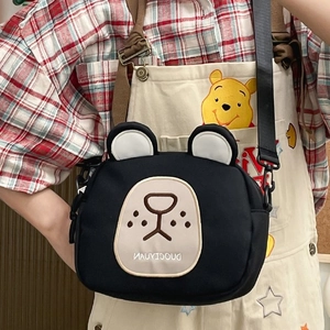 Cute cartoon bear crossbody canvas bag in black with adjustable strap for kids and school
