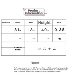 Size guide for cartoon nylon backpack showing dimensions 31x13x40cm and care instructions