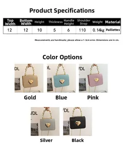 Guide des tailles et couleurs pour sac de fille en paillettes avec poignée en perles