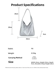 Detailed size chart of the silver PU shoulder bag with 30x29x9cm dimensions
