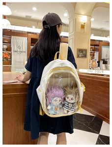 Close-up of a white and yellowita backpack with a clear window for plush toys