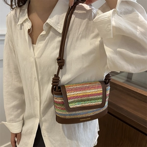 Colorful woven crossbody square bag with brown leather trim and striped pattern
