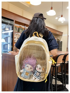 Detail view of the transparent PVC window on the yellow-beige casual doll backpack