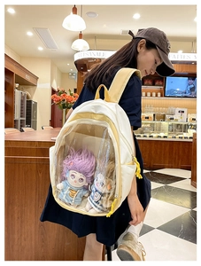 Detailed view of the clear PVC display window on a cream-colored cartoon Ita Bag