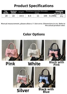 Size guide for PU leather handbag with dimensions and five color variant previews